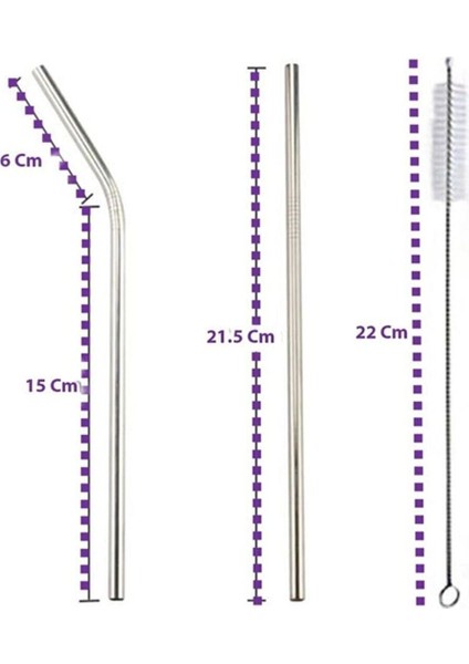 3 Parça Çelik Pipet Seti 2 Adet Çelik Pipet ve Temizleme Fırçası Düz Pipet Eğik Pipet ve Temizleme Fırçası 3'lü Set