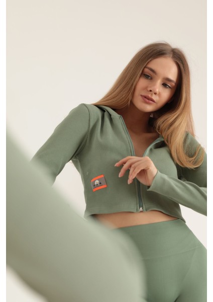 Kaşkorse Kumaş Crop Fermuarlı Kadın Hırka-Mint fiyatları