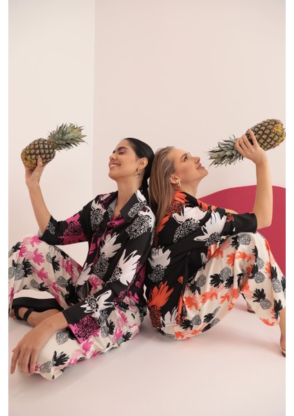 Kobe Saten Kumaş Ananas Desen Kadın Gömlek-Fuşya fiyatları