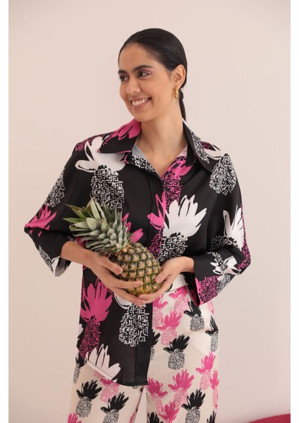 Kobe Saten Kumaş Ananas Desen Kadın Gömlek-Fuşya fırsatları