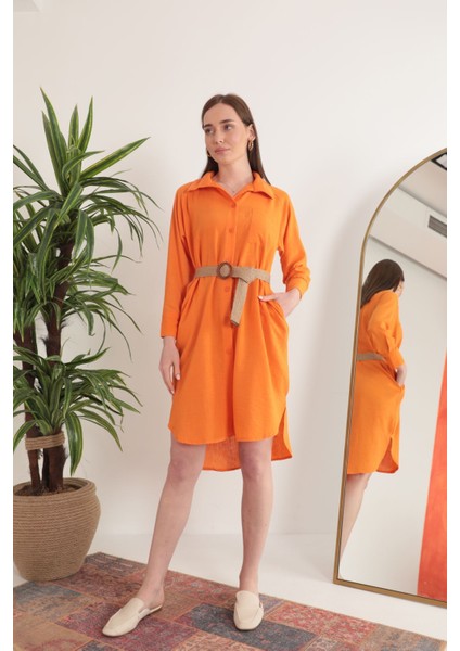 Keten Kumaş Midi Gömlek Kadın Elbise-Oranj