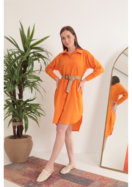 Keten Kumaş Midi Gömlek Kadın Elbise-Oranj indirimleri