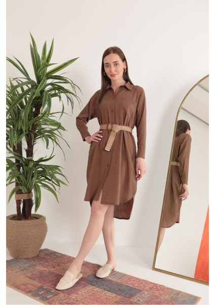 Keten Kumaş Midi Gömlek Kadın Elbise-Kahve