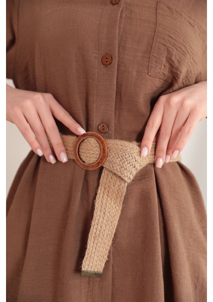 Keten Kumaş Midi Gömlek Kadın Elbise-Kahve fiyatları