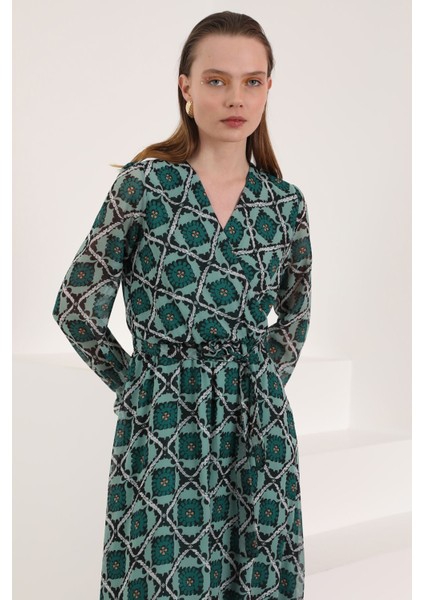 Şifon Kumaş Çiçekli Armür Desen Kadın Elbise-Yeşil modelleri