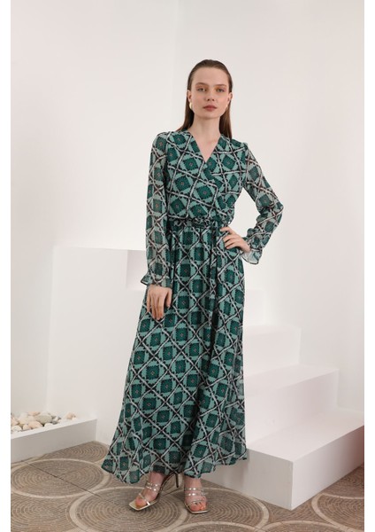 Şifon Kumaş Çiçekli Armür Desen Kadın Elbise-Yeşil fırsatları