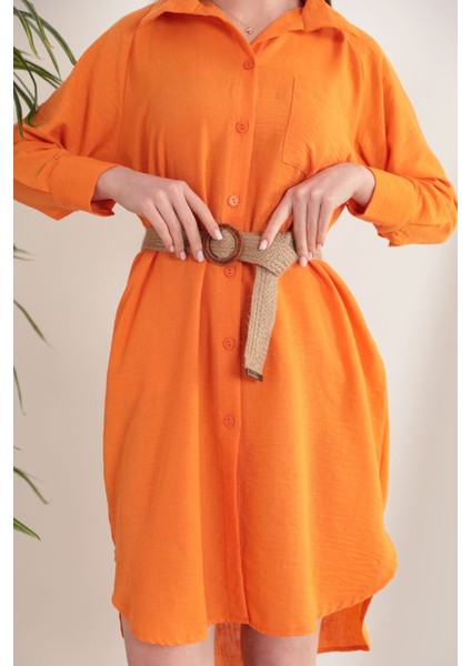 Keten Kumaş Midi Gömlek Kadın Elbise-Oranj