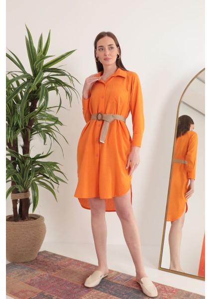 Keten Kumaş Midi Gömlek Kadın Elbise-Oranj