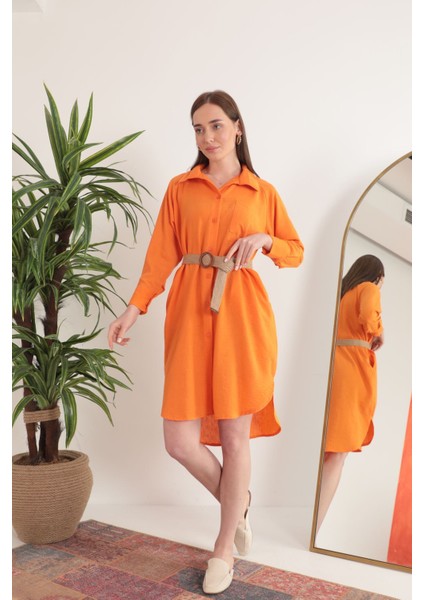 Keten Kumaş Midi Gömlek Kadın Elbise-Oranj