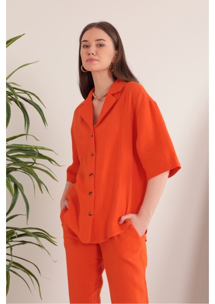 Müslin Kumaş Ceket Yaka Kadın Gömlek-Oranj fiyatları