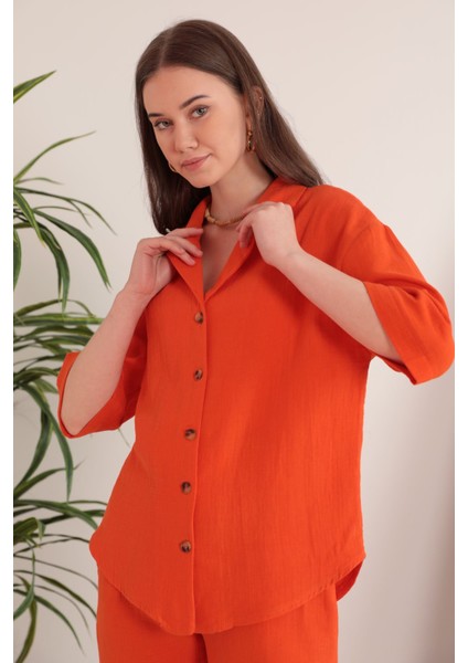 Müslin Kumaş Ceket Yaka Kadın Gömlek-Oranj modelleri