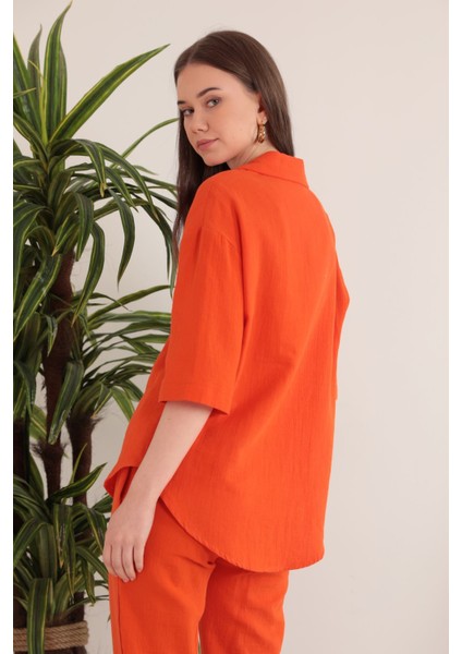 Müslin Kumaş Ceket Yaka Kadın Gömlek-Oranj fırsatları