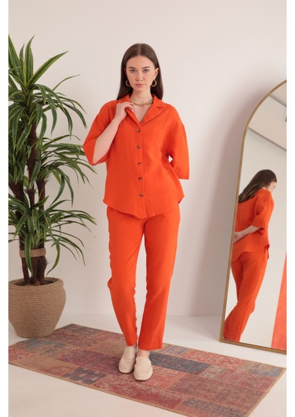 Müslin Kumaş Ceket Yaka Kadın Gömlek-Oranj indirimleri