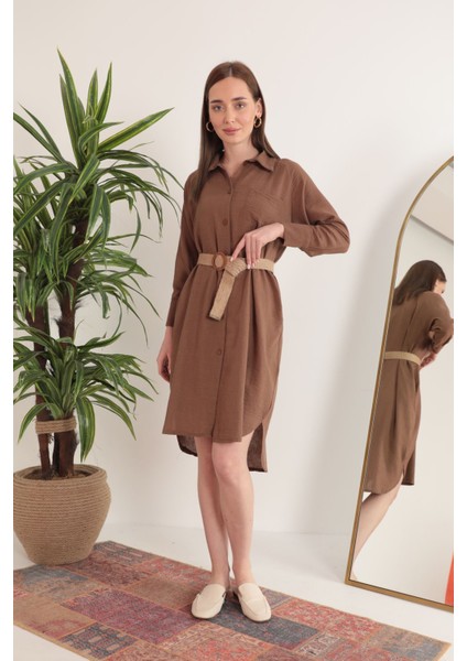 Keten Kumaş Midi Gömlek Kadın Elbise-Kahve modelleri