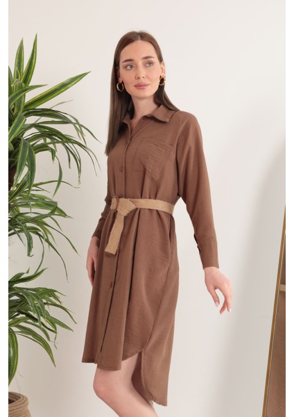 Keten Kumaş Midi Gömlek Kadın Elbise-Kahve fırsatları