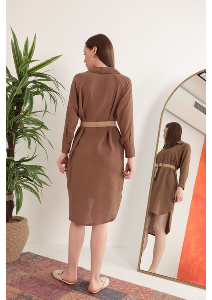 Keten Kumaş Midi Gömlek Kadın Elbise-Kahve indirimleri