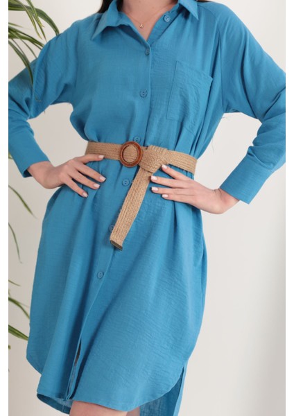 Keten Kumaş Midi Gömlek Kadın Elbise-Mavi fiyatları