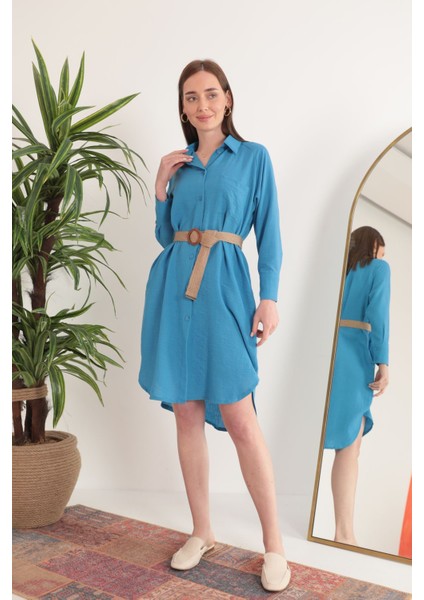 Keten Kumaş Midi Gömlek Kadın Elbise-Mavi modelleri