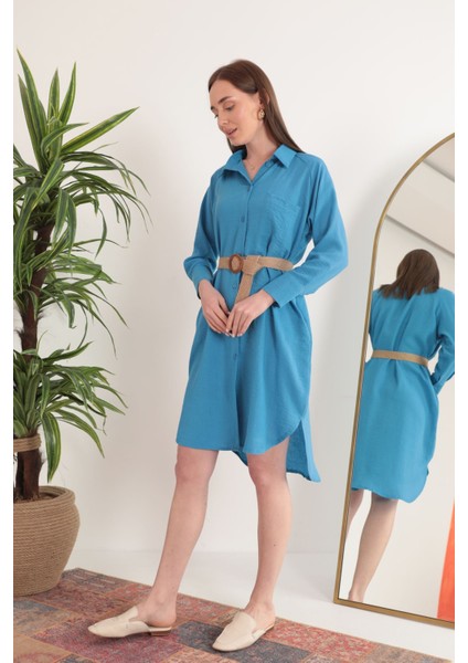 Keten Kumaş Midi Gömlek Kadın Elbise-Mavi fırsatları