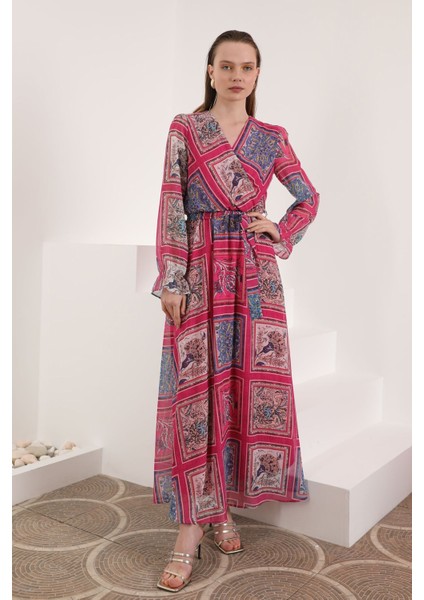 Şifon Kumaş Pach Desen Anvelop Kadın Elbise-Fuşya