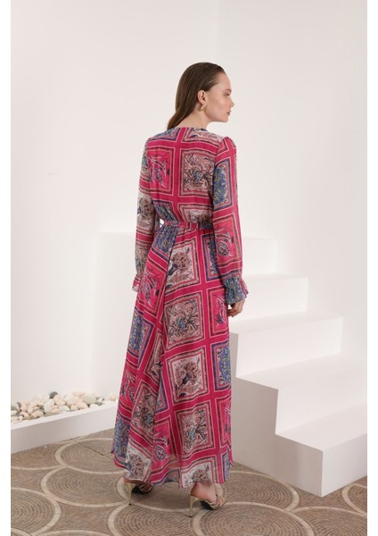 Şifon Kumaş Pach Desen Anvelop Kadın Elbise-Fuşya fiyatları