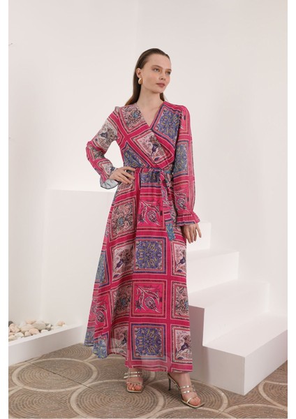 Şifon Kumaş Pach Desen Anvelop Kadın Elbise-Fuşya modelleri