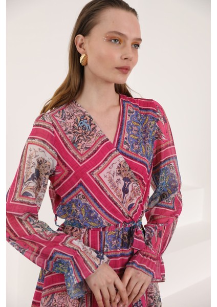 Şifon Kumaş Pach Desen Anvelop Kadın Elbise-Fuşya fırsatları