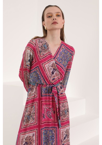 Şifon Kumaş Pach Desen Anvelop Kadın Elbise-Fuşya indirimleri