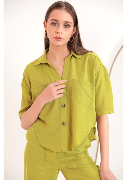 Keten Kumaş Crop Oversize Kadın Gömlek-Yağ Yeşili fiyatları