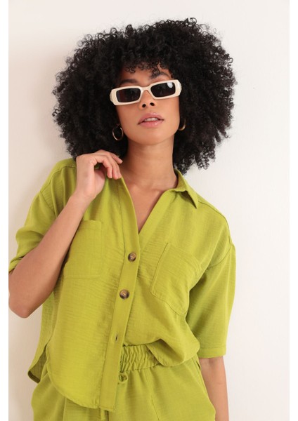 Keten Kumaş Crop Oversize Kadın Gömlek-Yağ Yeşili indirimleri