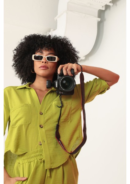 Keten Kumaş Crop Oversize Kadın Gömlek-Yağ Yeşili