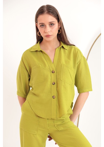 Keten Kumaş Crop Oversize Kadın Gömlek-Yağ Yeşili modelleri