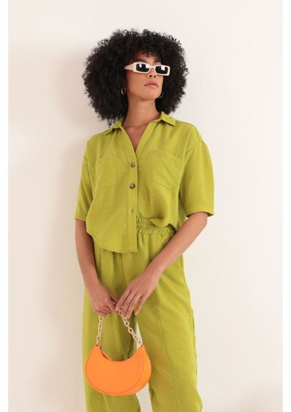 Keten Kumaş Crop Oversize Kadın Gömlek-Yağ Yeşili fırsatları