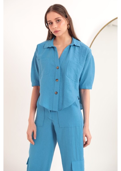 Keten Kumaş Crop Oversize Kadın Gömlek-Mavi