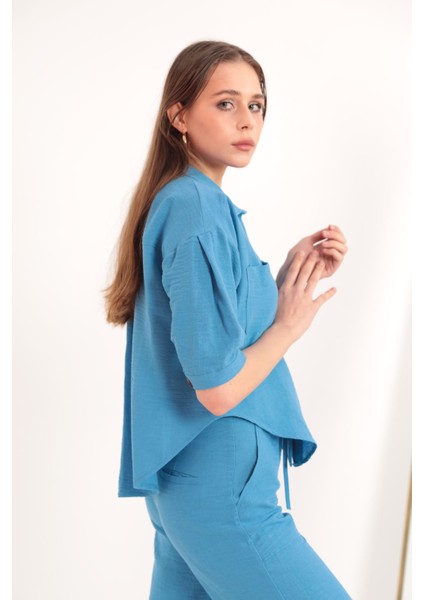 Keten Kumaş Crop Oversize Kadın Gömlek-Mavi