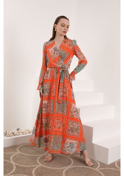 Şifon Kumaş Pach Desen Anvelop Kadın Elbise-Oranj