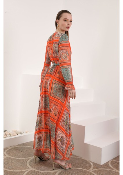 Şifon Kumaş Pach Desen Anvelop Kadın Elbise-Oranj fiyatları