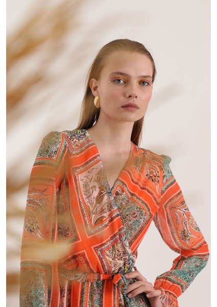 Şifon Kumaş Pach Desen Anvelop Kadın Elbise-Oranj modelleri