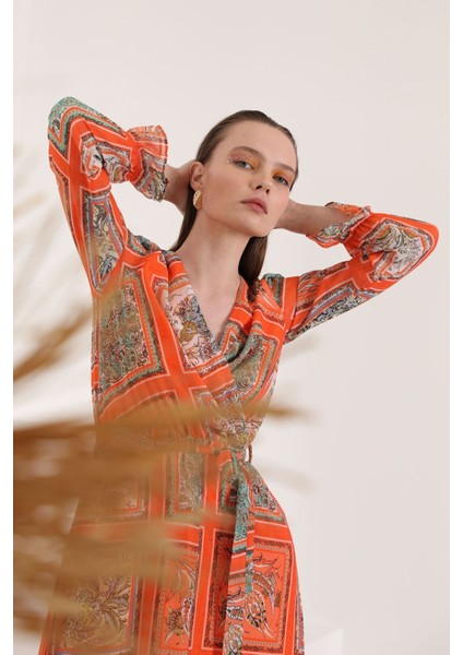 Şifon Kumaş Pach Desen Anvelop Kadın Elbise-Oranj fırsatları