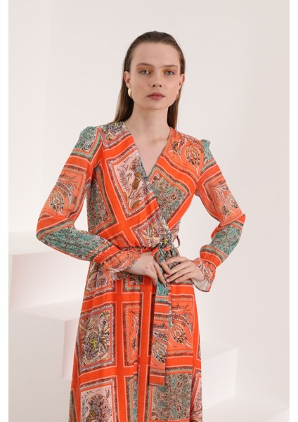 Şifon Kumaş Pach Desen Anvelop Kadın Elbise-Oranj indirimleri