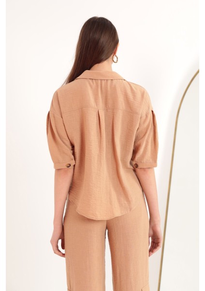 Keten Kumaş Crop Oversize Kadın Gömlek-Bej fiyatları