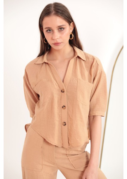 Keten Kumaş Crop Oversize Kadın Gömlek-Bej modelleri