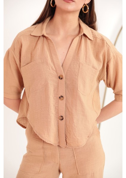 Keten Kumaş Crop Oversize Kadın Gömlek-Bej fırsatları