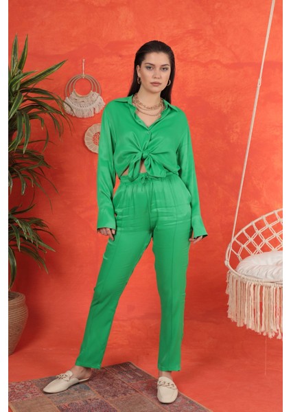 Saten Kumaş Basic Kadın Gömlek-Yeşil fiyatları