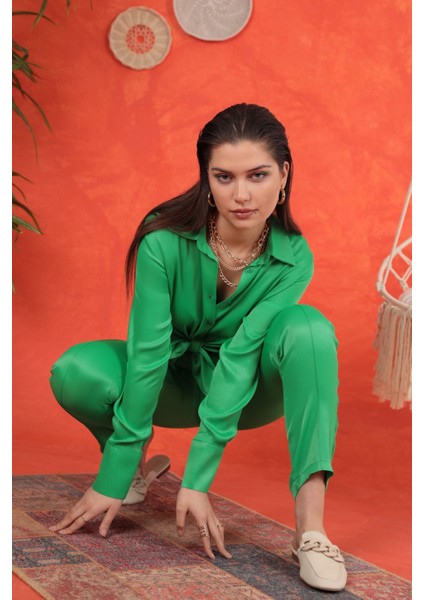 Saten Kumaş Basic Kadın Gömlek-Yeşil modelleri