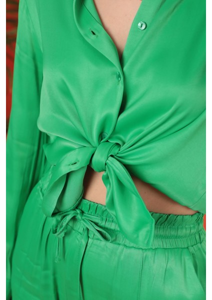 Saten Kumaş Basic Kadın Gömlek-Yeşil indirimleri