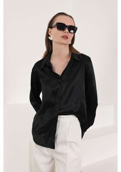 Saten Kumaş Basic Kadın Gömlek-Siyah