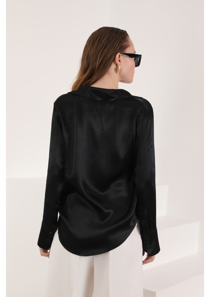 Saten Kumaş Basic Kadın Gömlek-Siyah fiyatları