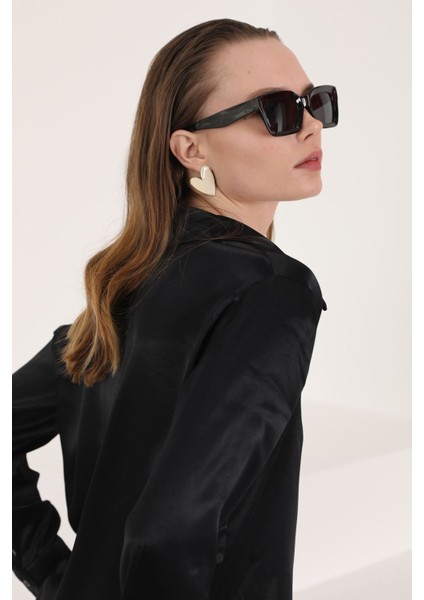 Saten Kumaş Basic Kadın Gömlek-Siyah fırsatları