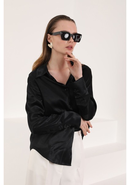 Saten Kumaş Basic Kadın Gömlek-Siyah indirimleri